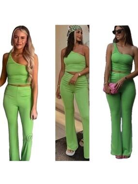Zara neon green high waisted ruched stretchy pull-on flare pants Sz S NWT